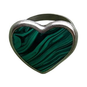 Southwestern Taxco Malachite 925 Silver Heart Shaped Cabochon Stone Ring size 9